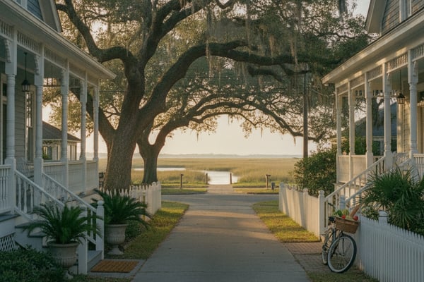 Tree-lined pathway between two white cottages with porches, leading to marsh and water view