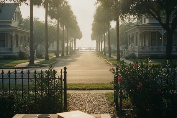 Tree-lined avenue with historic homes, wrought-iron fence, and water view in distance