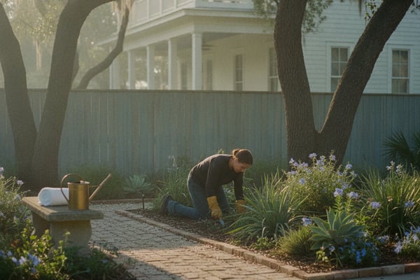 Person gardening in shaded courtyard with large oak tree, blue-flowering plants, and white house with porch in background